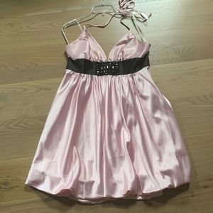 Jessica McClintock Satin Pink Bubble Halter Dress (Size 14)